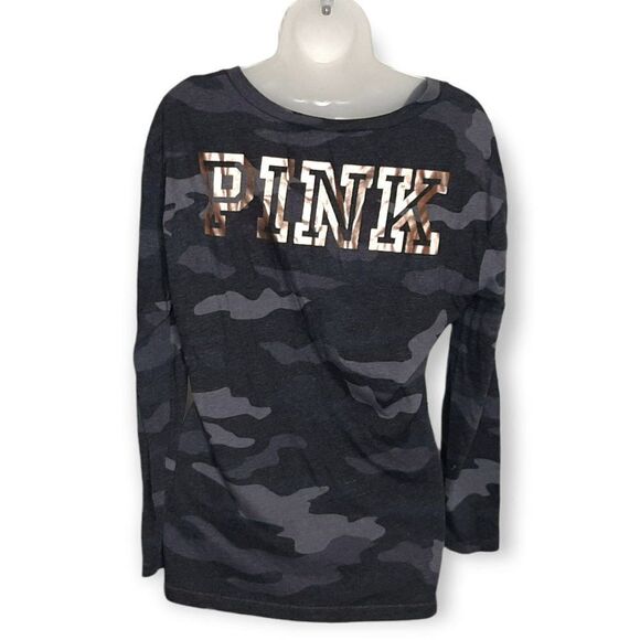 PINK Victoria's Secret Gray Camo Long Sleeve V Neck Tee sz XS - Picture 1 of 6